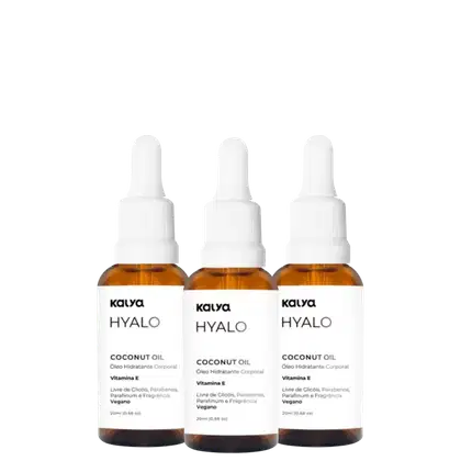 Três frascos de óleo hidratante corporal Kalya Hyalo, com 20ml cada, em embalagem de vidro âmbar e conta-gotas branco. Rótulos indicam "Coconut Oil" e "Vitamina E" como ingredientes.