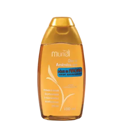 Frasco de óleo de amêndoa com óleo de argan da marca Muriel, em embalagem de plástico amarelo com detalhes em azul, contendo 100 ml do produto.