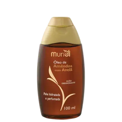 Frasco de óleo de amêndoa com avelã da marca Muriel, com 100 ml de volume, embalagem em tons de marrom e amarelo, com rótulo destacando a ação desodorante e a pele hidratada e perfumada.