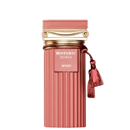 Frasco de perfume da marca Afnan Perfumes, na cor rosa, com detalhes dourados e rótulo com a inscrição "Historic Doria". O frasco possui um design elegante e clássico, com uma tampa decorativa e um pingente vermelho.