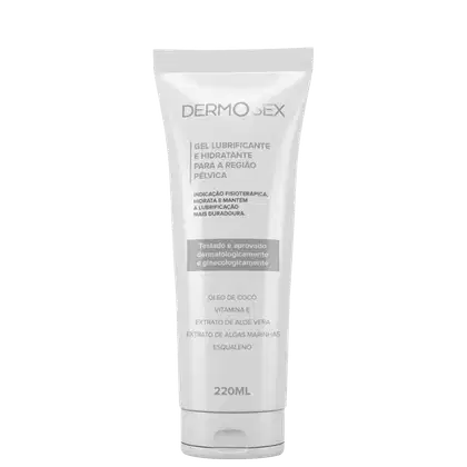 O produto apresentado é um gel lubrificante e hidratante para a região pélvica, da marca Dermosex. A embalagem é um tubo branco com o nome da marca e informações sobre o produto impressos em cinza. O tubo possui 220ml de conteúdo