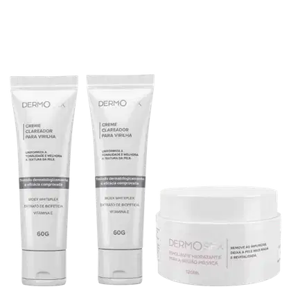 A imagem mostra três produtos da marca Dermosex. Dois deles são cremes clareadores para virilha. O terceiro produto é um esfoliante hidratante para a região pélvica