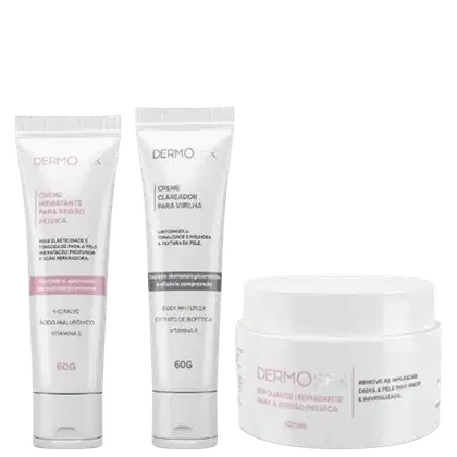 Três produtos de beleza incluindo um creme hidratante, um clareador para virilha e um creme esfoliante hidratante. As embalagens são brancas com detalhes em rosa e texto em português descrevendo os produtos.