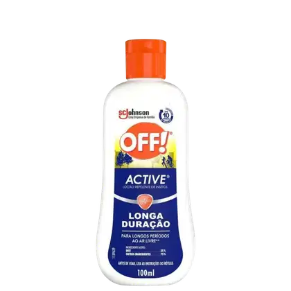 Frasco branco e laranja da marca OFF! Active, um repelente de insetos de longa duração, com informações sobre sua composição e instruções de uso.