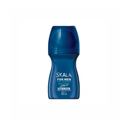 Desodorante roll-on masculino Skala Active Extreme, sem álcool, em embalagem azul com 60 ml, com texto "Skala for men" e "Ação prolongada" visível.