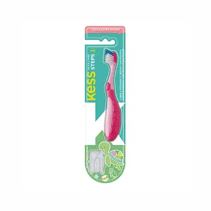 Escova de dentes infantil da marca Kess, com cabo rosa e detalhes em verde, embalada em uma caixa com ilustrações de animais marinhos.