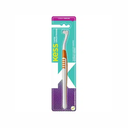 Escova dental Kess com cabo branco e laranja, embalagem em tons de verde e roxo, com rótulo destacando o nome da marca "Kess" e a frase "Turos concentrados".