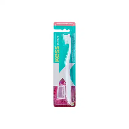 Escova de dentes Kess Extreme com cabo branco e detalhes em rosa e azul turquesa. Embalagem plástica com rótulo destacando o nome da marca.