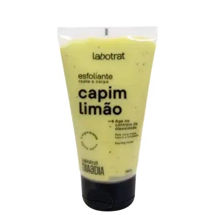 O produto mostrado na imagem é um esfoliante corporal da marca Labotrat, com o nome "Capim Limão" impresso no rótulo. O produto está em um tubo plástico amarelo, com um rótulo preto e branco.