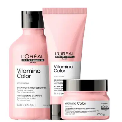 Kit com shampoo, condicionador e máscara Vitamino Color, da marca L'Oréal Professionnel.