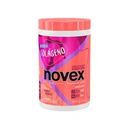 A imagem mostra o Creme de Tratamento Infusão de Colágeno 400g da marca Novex de tratamento capilar. O pote tem tons de rosa, roxo e laranja. Na embalagem, estão destacados os benefícios do produto: aumento da densidade e brilho.