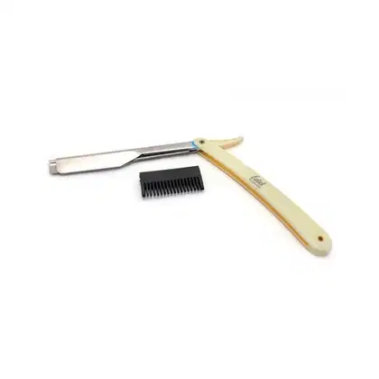 Conjunto de ferramentas de barbear Solingen, composto por uma navalha de lâmina de aço inoxidável e um pente de plástico preto. O cabo da navalha é de cor clara, possivelmente de madeira ou material similar.