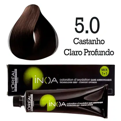Caixa e tubo de coloração de cabelo L'Oréal Professionnel Inoa, na cor Castanho Claro Profundo 5.0, com tecnologia de coloração sem amônia e conforto otimizado.