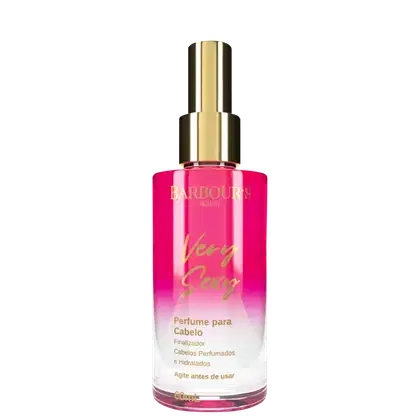 Frasco de perfume para cabelo da marca Barbour's Beauty, com embalagem rosa vibrante e detalhes dourados, contendo 60ml do produto finalizador e hidratante para cabelos perfumados.