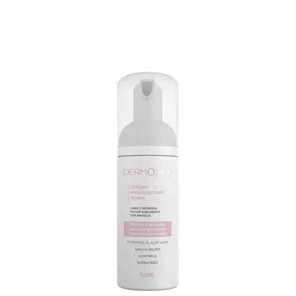 O produto apresentado é um frasco de espuma higienizadora íntima da marca Dermosex. O frasco é branco com detalhes em rosa, volume de 50ml.