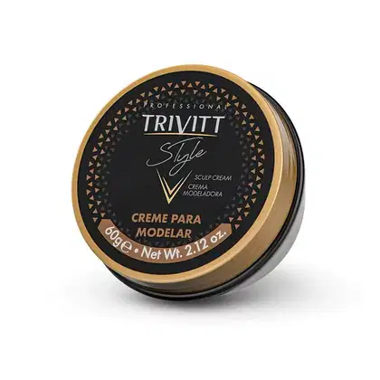 Pote preto e dourado de creme modelador da marca Trivitt Style, com rótulo em preto e dourado indicando "Creme para Modelar". O produto é apresentado em embalagem de 60g.