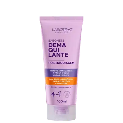 O produto apresentado é um sabonete desmaquiante da marca Labotrat, com a denominação "Sabonete Demaquilante" em destaque. O tamanho do produto é de 100ml.