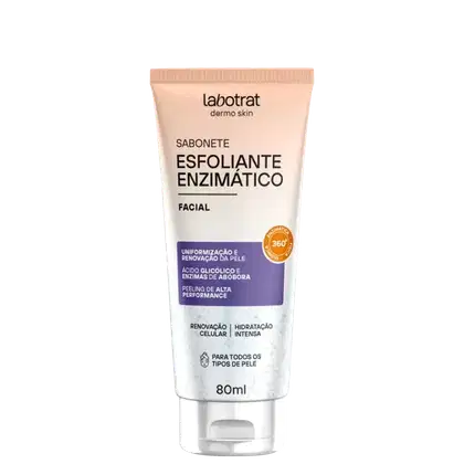 O produto apresentado é um sabonete esfoliante enzimático facial da marca Labotrat, com embalagem em tubo plástico de cor bege. Volume de 80ml.