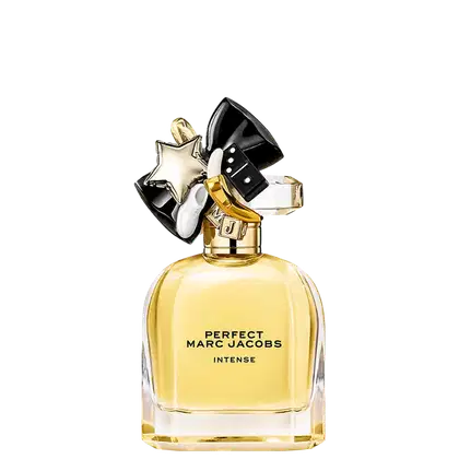 Frasco de perfume dourado e preto da linha "Perfect Marc Jacobs Intense", com tampa decorativa em forma de estrela e laço preto, exibindo o nome da marca e do produto em letras douradas.