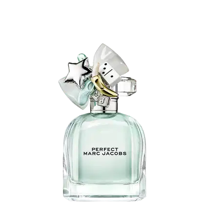 Frasco de perfume da marca Marc Jacobs, com design moderno e minimalista em tons de verde e prata. O rótulo exibe o nome "Perfect Marc Jacobs" em letras pretas. O frasco possui detalhes decorativos, como uma estrela prateada no topo.