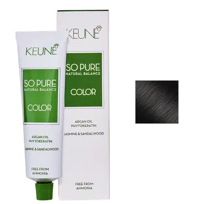 Caixa e tubo de tinta de cabelo da marca Keune, da linha "So Pure Natural Balance Color", nas cores verde e branca, livre de amônia.