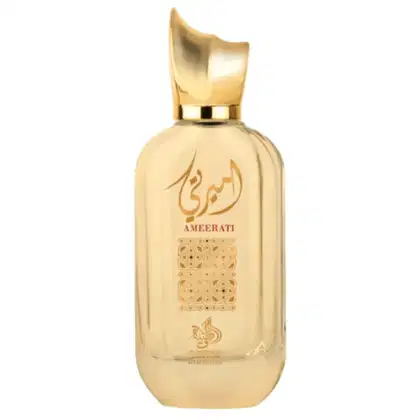 Frasco de perfume dourado com detalhes em relevo e rótulo com texto em árabe e padrões decorativos. O produto é da marca Al Wataniah, chamado "Ameerati".