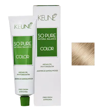 Caixa e tubo de tinta de cabelo da marca Keune, da linha "So Pure Natural Balance Color", nas cores verde e branca, livre de amônia.