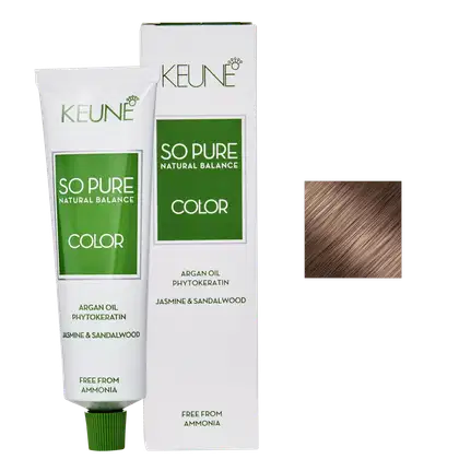 Caixa e tubo de tinta de cabelo da marca Keune, da linha "So Pure Natural Balance Color", nas cores verde e branca, livre de amônia.