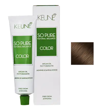 Caixa e tubo de tinta de cabelo da marca Keune, da linha "So Pure Natural Balance Color", nas cores verde e branca, livre de amônia.