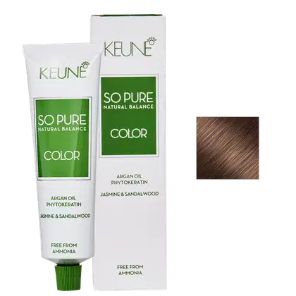 Caixa e tubo de tinta de cabelo da marca Keune, da linha "So Pure Natural Balance Color", nas cores verde e branca, livre de amônia.