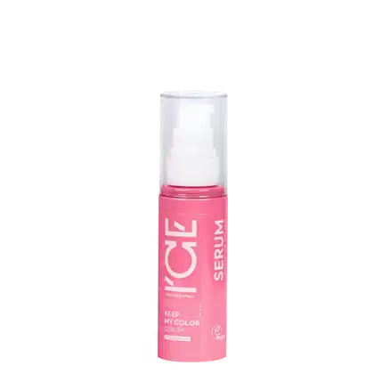 Frasco de soro para cabelos da marca Ice Professional, com rótulo rosa e branco, contendo texto "Keep my color serum".