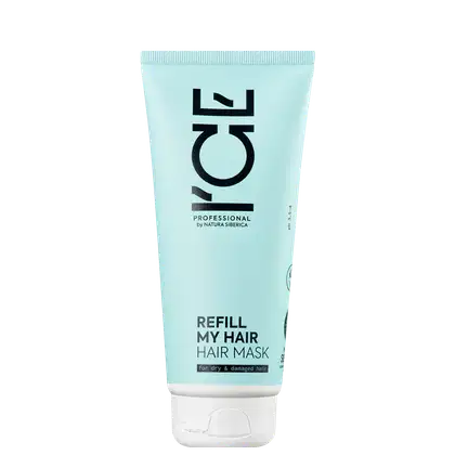 Bisnaga branca de máscara capilar da marca Ice Professional, com rótulo preto e texto "REFILL MY HAIR HAIR MASK for dry & damaged hair".