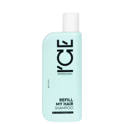 Frasco de shampoo da marca Ice Professional, de cor verde-menta, com rótulo preto exibindo o texto "Refill My Hair Shampoo" para cabelos secos e danificados.