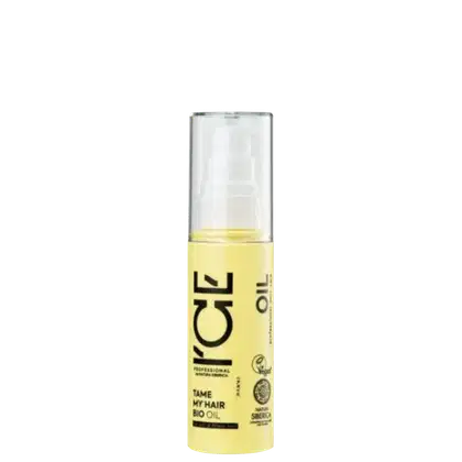 Frasco de vidro transparente com tampa branca contendo óleo para cabelos da marca Ice Professional, com rótulo amarelo e texto preto "Tame my hair bio oil".