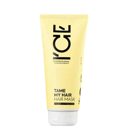 Bisnaga amarela com rótulo preto da marca Ice Professional, contendo máscara capilar para cabelos opacos e rebeldes.