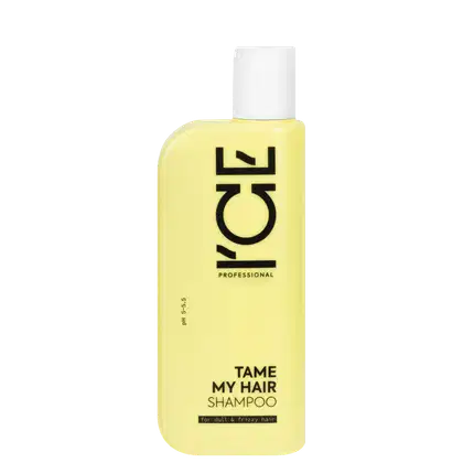 Frasco de shampoo amarelo da marca Ice Professional, com rótulo preto em destaque, para cabelos opacos e frisados.