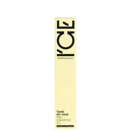 Frasco de pré-xampu em embalagem retangular amarela com texto preto "TAME MY HAIR" e "ICE PROFESSIONAL" na parte superior.