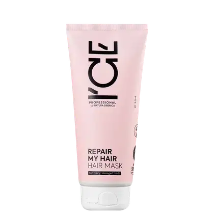 Bisnaga rosa com rótulo preto e branco da marca Ice Professional contendo máscara capilar reparadora para cabelos muito danificados.
