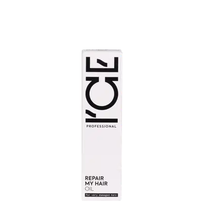 Frasco branco com rótulo preto e branco da marca Ice Professional, contendo óleo para reparar cabelos muito danificados.