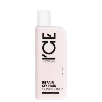 Frasco branco com rótulo preto da marca Ice Professional, contendo condicionador para cabelos muito danificados, com informações de pH e finalidade impressas.