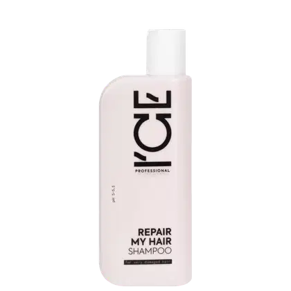 Frasco branco com rótulo preto da marca Ice Professional, contendo shampoo para cabelos muito danificados, com texto "Repair My Hair Shampoo" em destaque.