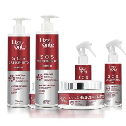 Produtos de cuidados capilares da marca Lizz ante Professional, incluindo um shampoo, um tônico e uma máscara capilar. Os produtos estão em embalagens vermelhas e brancas, com o nome da marca e a indicação "S.O.S Crescimento" impressos nos rótulos