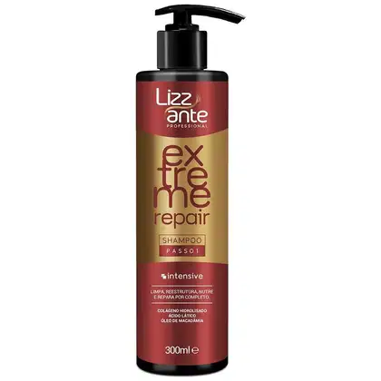 Shampoo da linha Extreme Repair da marca Lizz ante Professional. A embalagem é um frasco plástico preto com uma bomba doseadora preta.