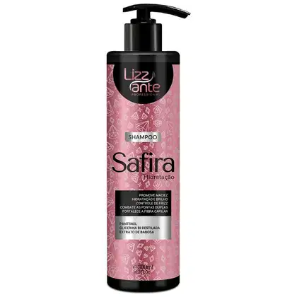 Shampoo da linha Satira Hidratação da marca Lizz ante Professional. O rótulo do produto possui um design com padrões geométricos em tons de rosa, destacando o nome "Satira Hidratação" e a marca "Lizz ante Professional". O frasco contém 300ml de produto.