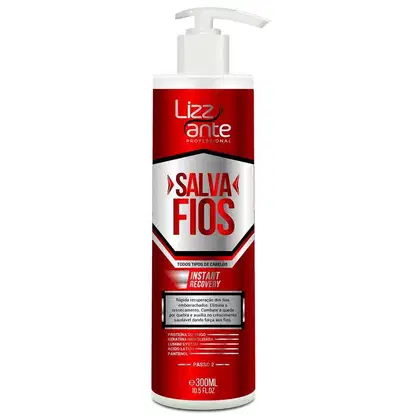 Máscara capilar da marca Lizz ante Professional chamado "Salva Fios". Trata-se de um frasco de plástico vermelho com um rótulo branco e preto, contendo 300 ml do produto.