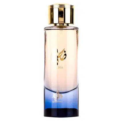 Frasco de perfume Al Wataniah com design elegante em tons de azul e dourado. O rótulo apresenta o nome da marca em árabe e um símbolo dourado. O frasco possui formato cilíndrico e tampa dourada, transmitindo uma imagem de luxo e sofisticação.