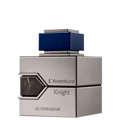 Frasco de perfume da marca Al Haramain, com design moderno e geométrico em tons de cinza e azul. O rótulo exibe o nome "L'Aventure Knight" em destaque.