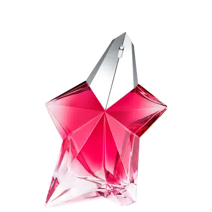 Frasco de item de perfumaria em formato de estrela, com corpo de vidro e conteúdo vermelho-rosa brilhante e detalhes em prata. O frasco possui uma tampa pontiaguda e uma alça de metal na parte superior.