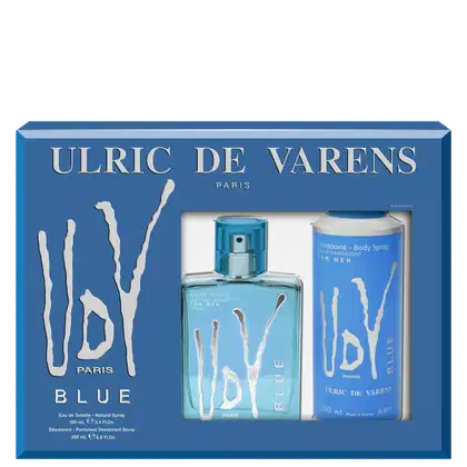 A imagem mostra uma caixa retangular azul com detalhes brancos e o nome da marca e linha em letras maiúsculas. Contém um frasco de perfume em vidro azul claro transparente de 100ml e um frasco de desodorante corporal spray de 200ml.