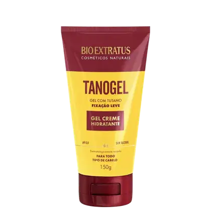 Tubo de gel creme hidratante da marca Bio Extratus, com rótulo em vermelho e amarelo, contendo a descrição "Tanogel - Gel com tutano, fixação leve" e informações sobre o produto.